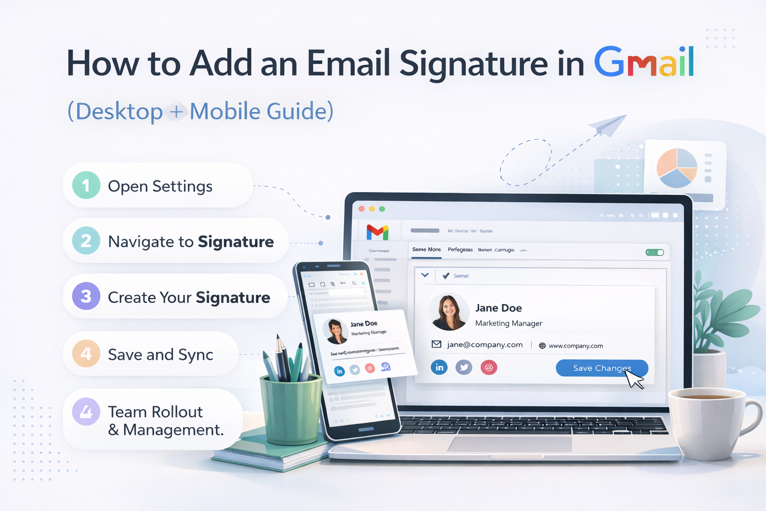 Gmail settings interface showing how to add an email signature